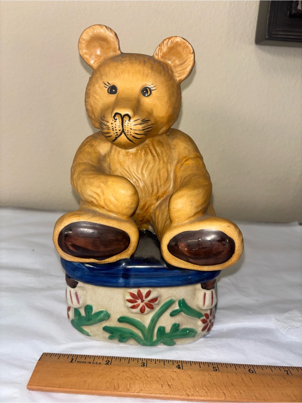 Yellow Bear Figurine on Floral Base - Decorative Home Accent vintage heavy
